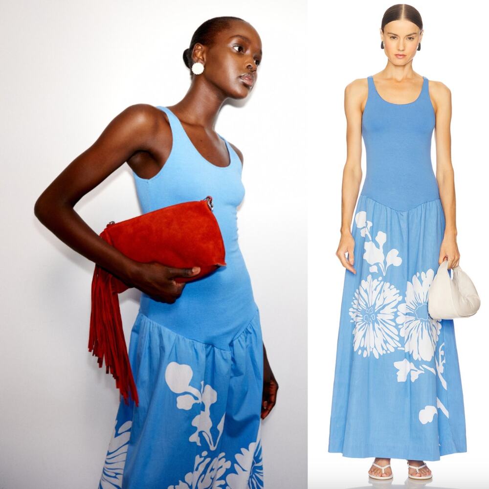 SWF | NWT Stretch Singlet Maxi Dress in Rebloom Sky Blue Block Print Floral S